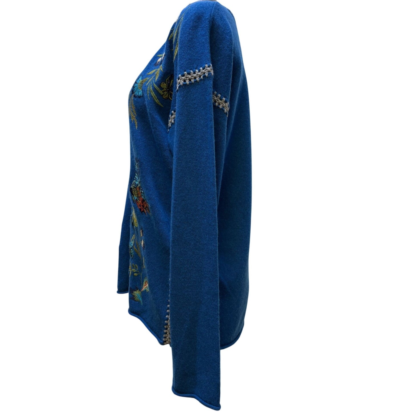 Johnny Was Blue Cashmere Wool Floral Embroidered V-Neck Blouse M