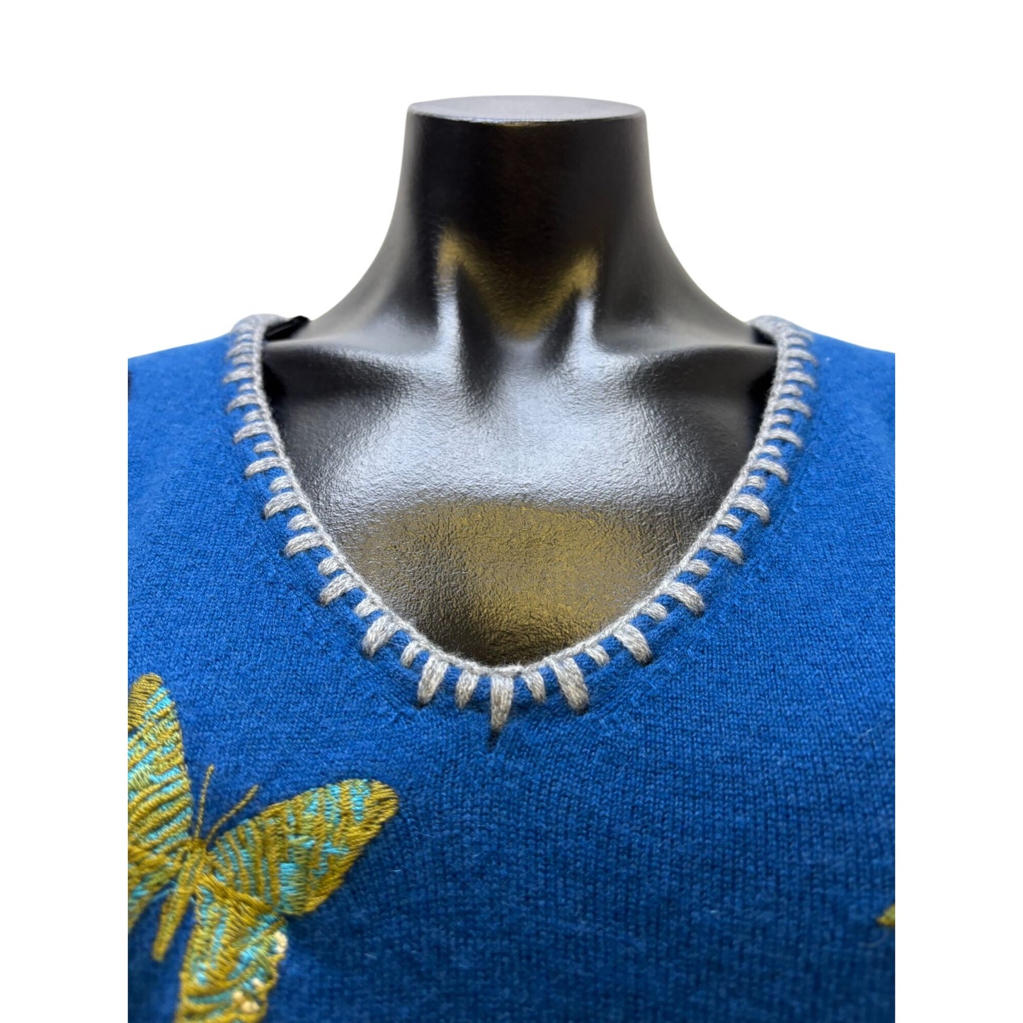 Johnny Was Blue Cashmere Wool Floral Embroidered V-Neck Blouse M