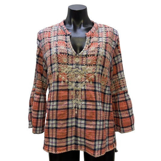 Johnny Was Workshop Coral & Cream Plaid Embroidered Blouse S