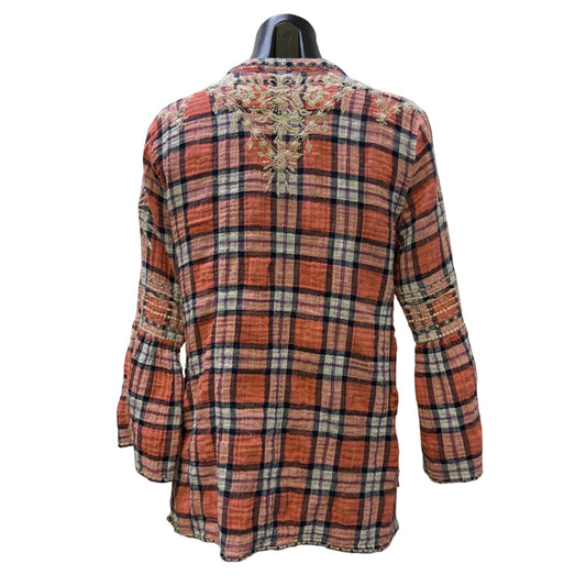 Johnny Was Workshop Coral & Cream Plaid Embroidered Blouse S