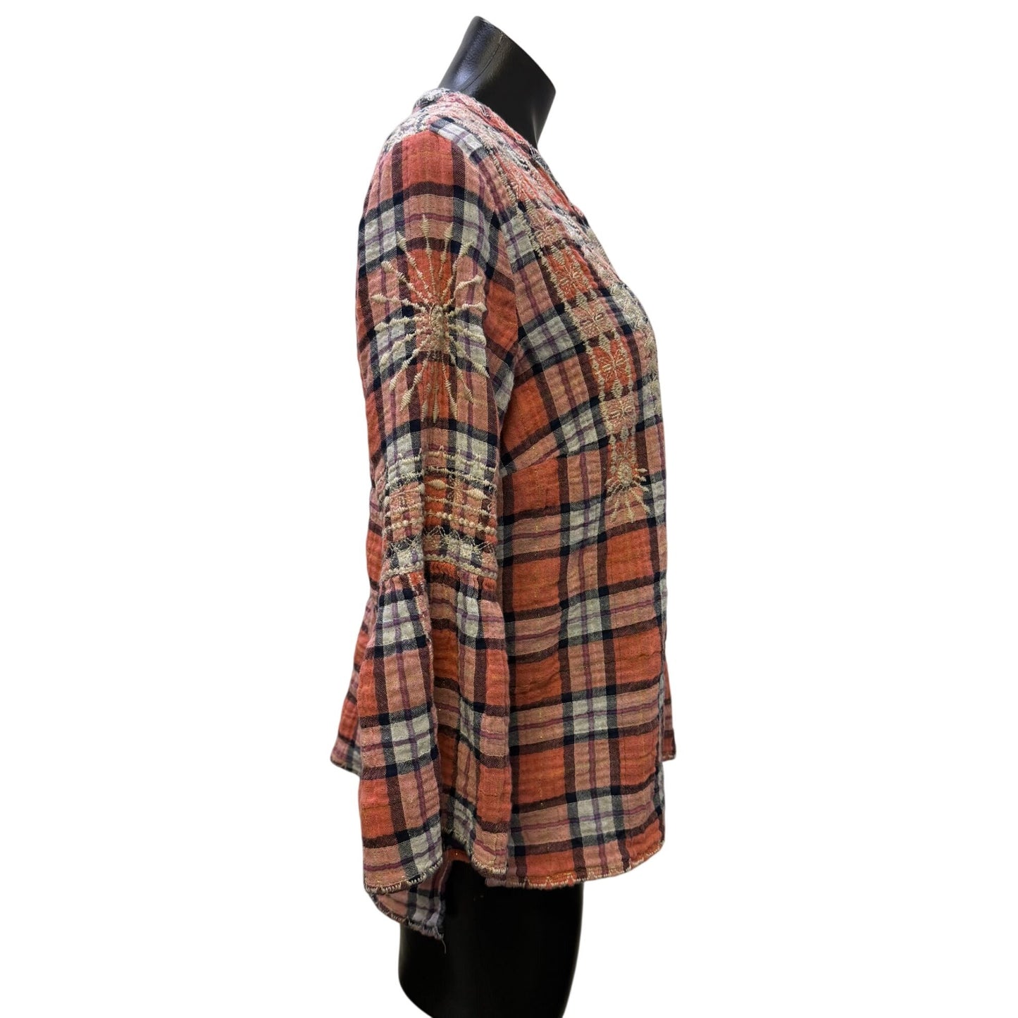 Johnny Was Workshop Coral & Cream Plaid Embroidered Blouse S