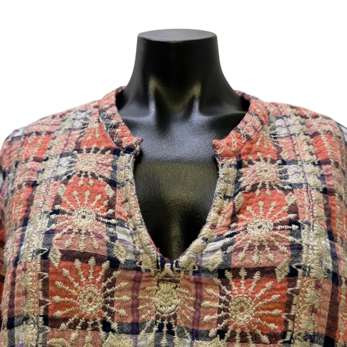 Johnny Was Workshop Coral & Cream Plaid Embroidered Blouse S