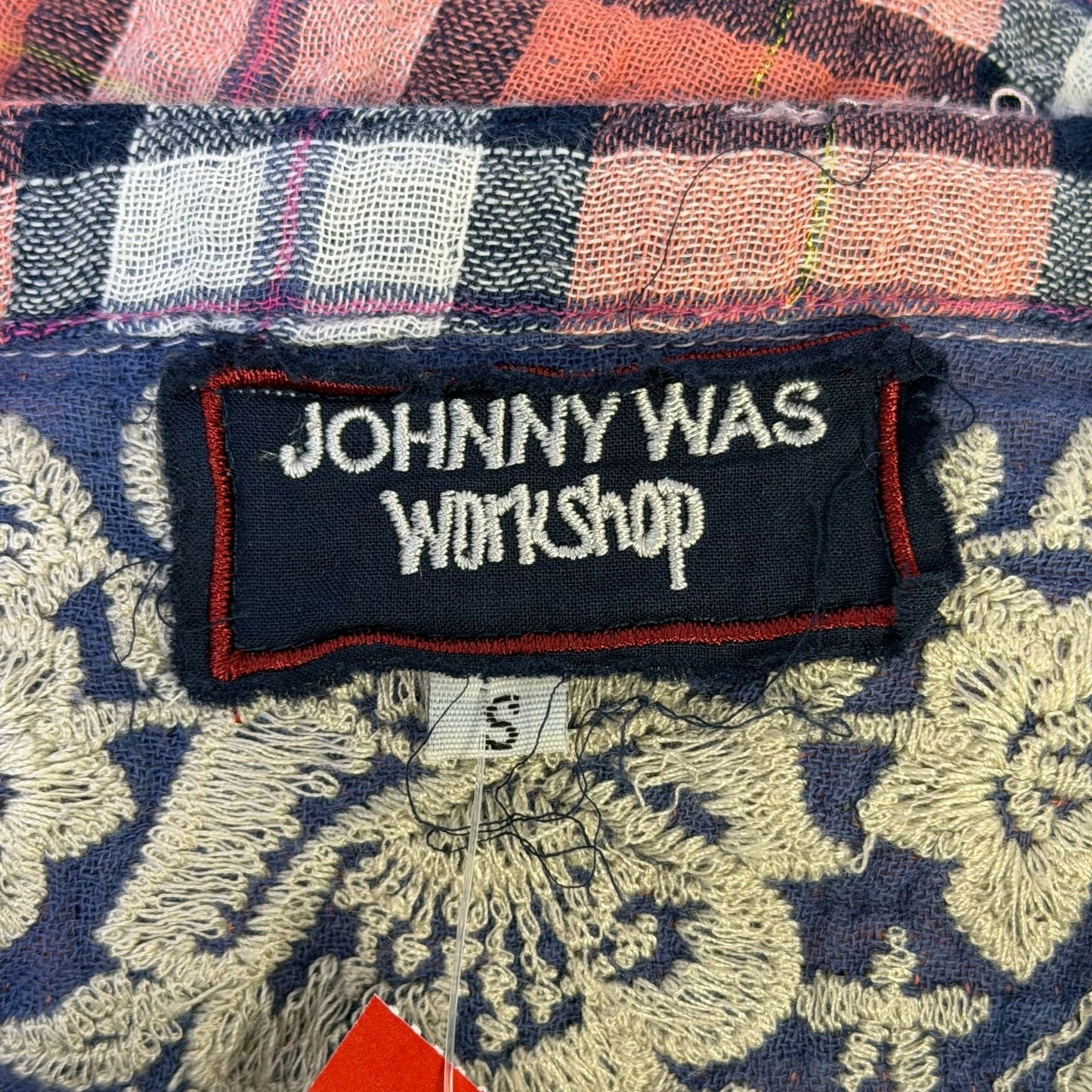 Johnny Was Workshop Coral & Cream Plaid Embroidered Blouse S