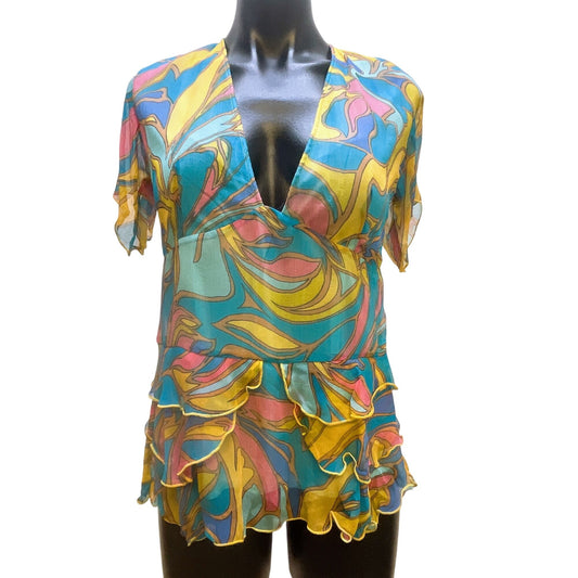 Janice Jaraicie Nelli Colorful 100% Silk V-Neck Ruffled Blouse Top L
