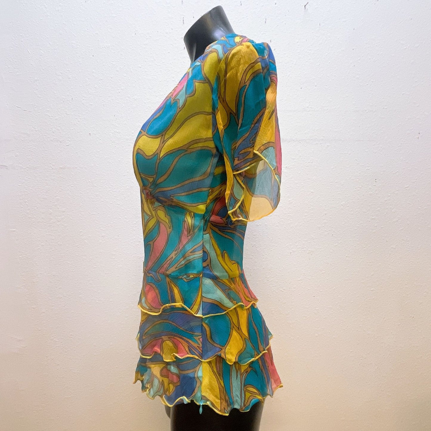 Janice Jaraicie Nelli Colorful 100% Silk V-Neck Ruffled Blouse Top L