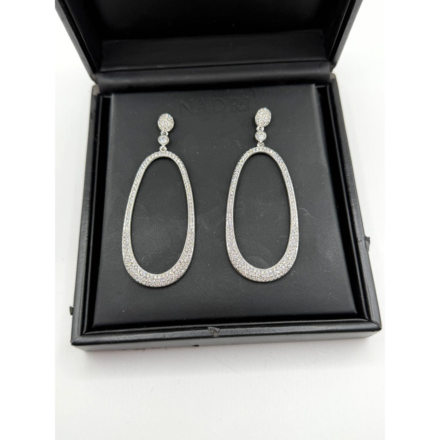 Nadri Oval Rhinestone Dangle Earrings Pave Detailing Silver Finish Original Box