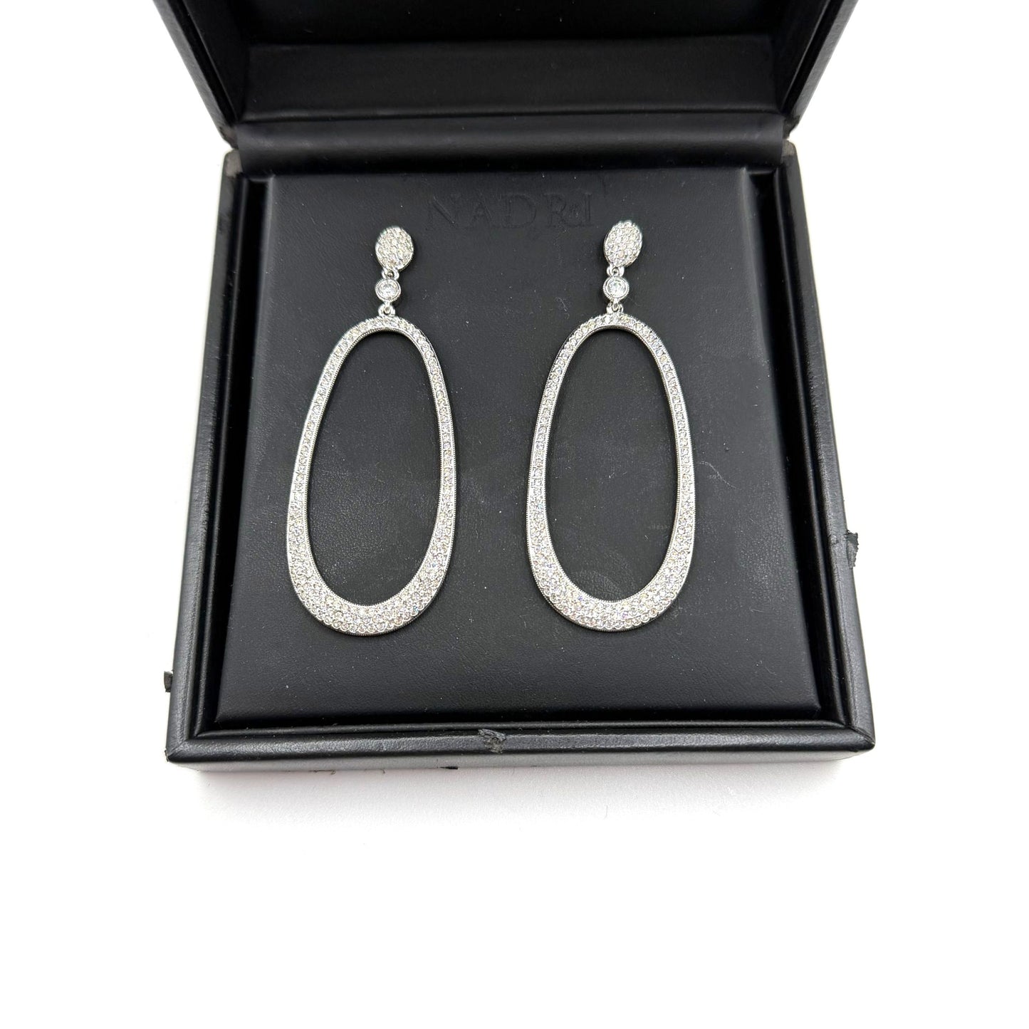 Nadri Oval Rhinestone Dangle Earrings Pave Detailing Silver Finish Original Box