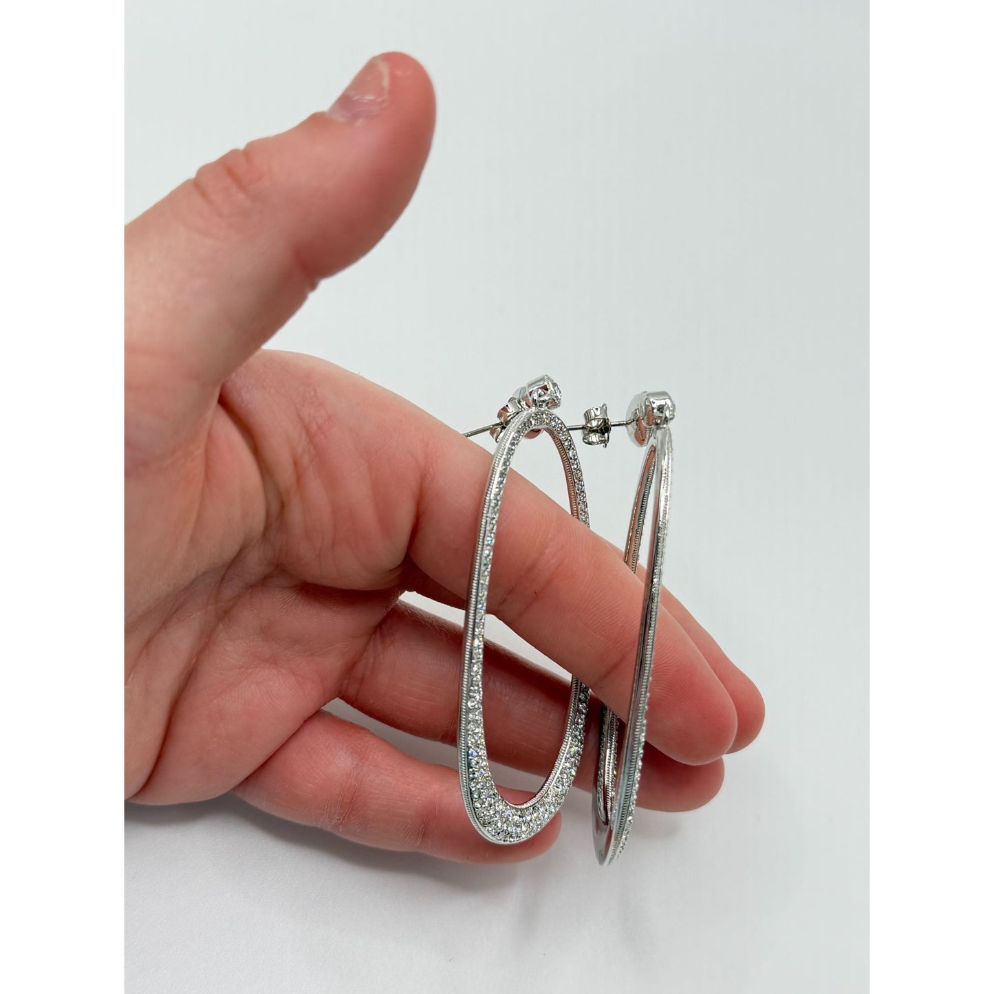 Nadri Oval Rhinestone Dangle Earrings Pave Detailing Silver Finish Original Box