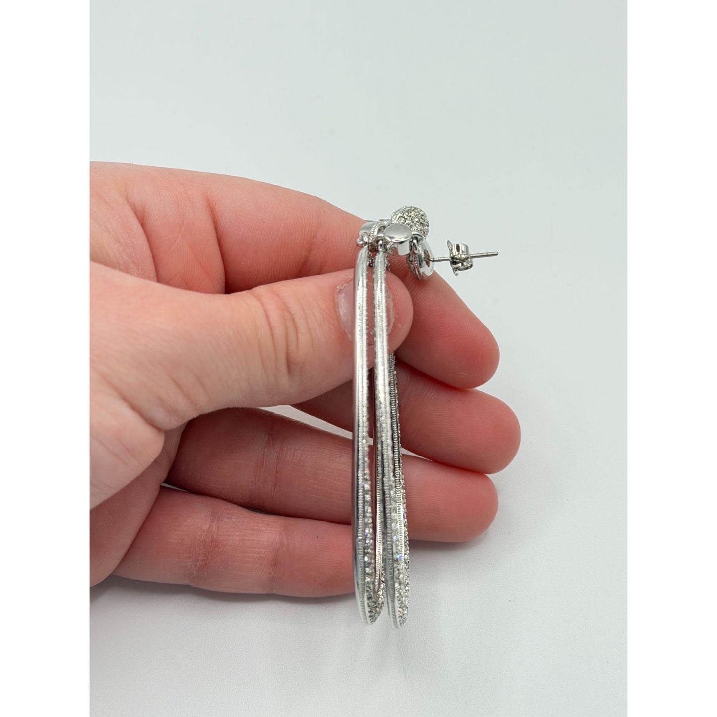 Nadri Oval Rhinestone Dangle Earrings Pave Detailing Silver Finish Original Box