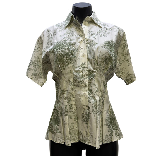 NWT Alex Marie Green & White Short Sleeve Button-Up Blouse Size 2