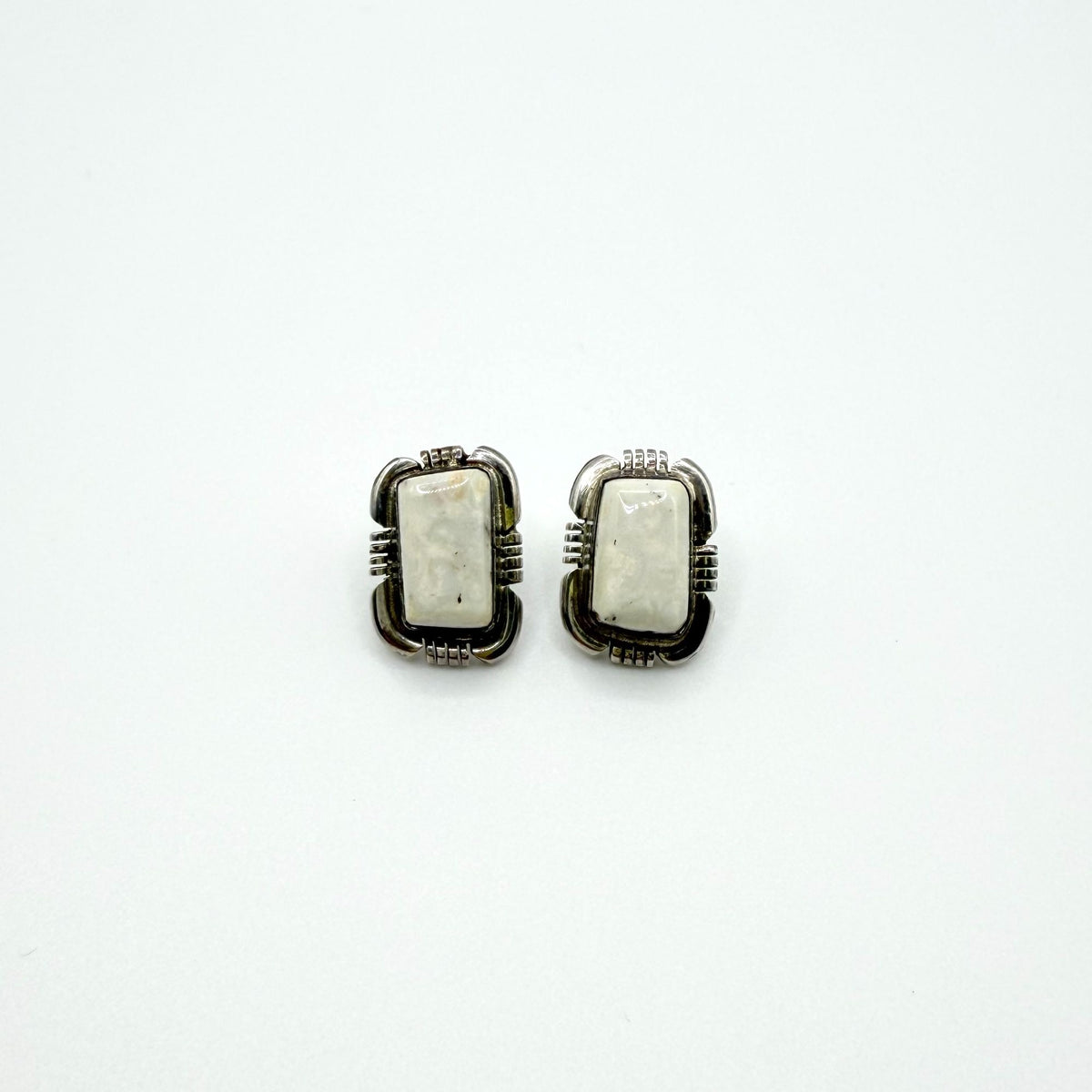 Navajo White Buffalo Sterling Silver Rectangular Earrings