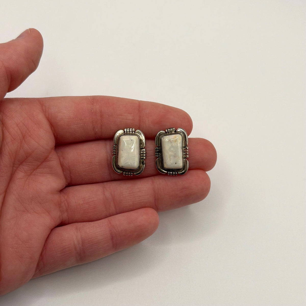 Navajo White Buffalo Sterling Silver Rectangular Earrings