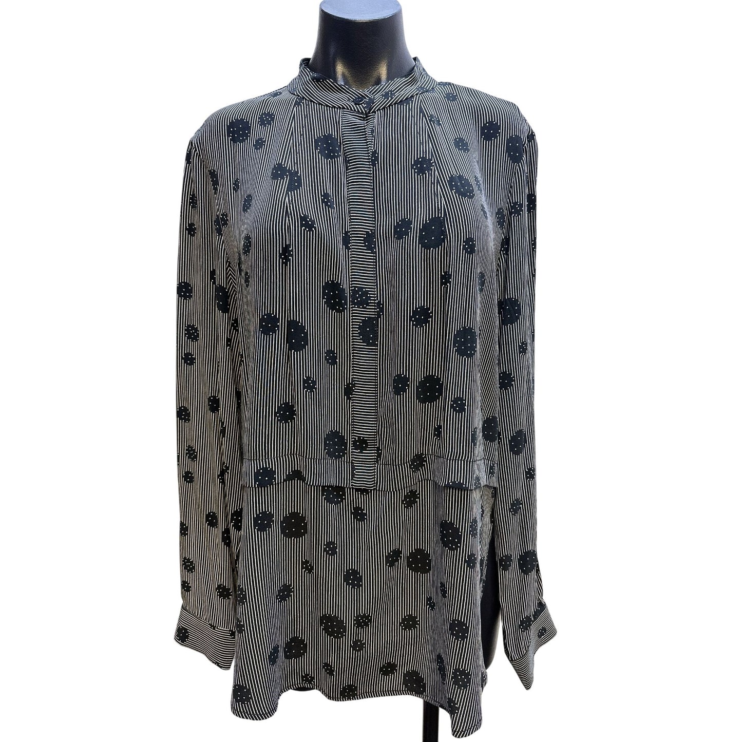 Hilton Hollis Black & White Striped Long Sleeve Blouse w/Abstract Dot Pattern & Mandarin Collar Size L