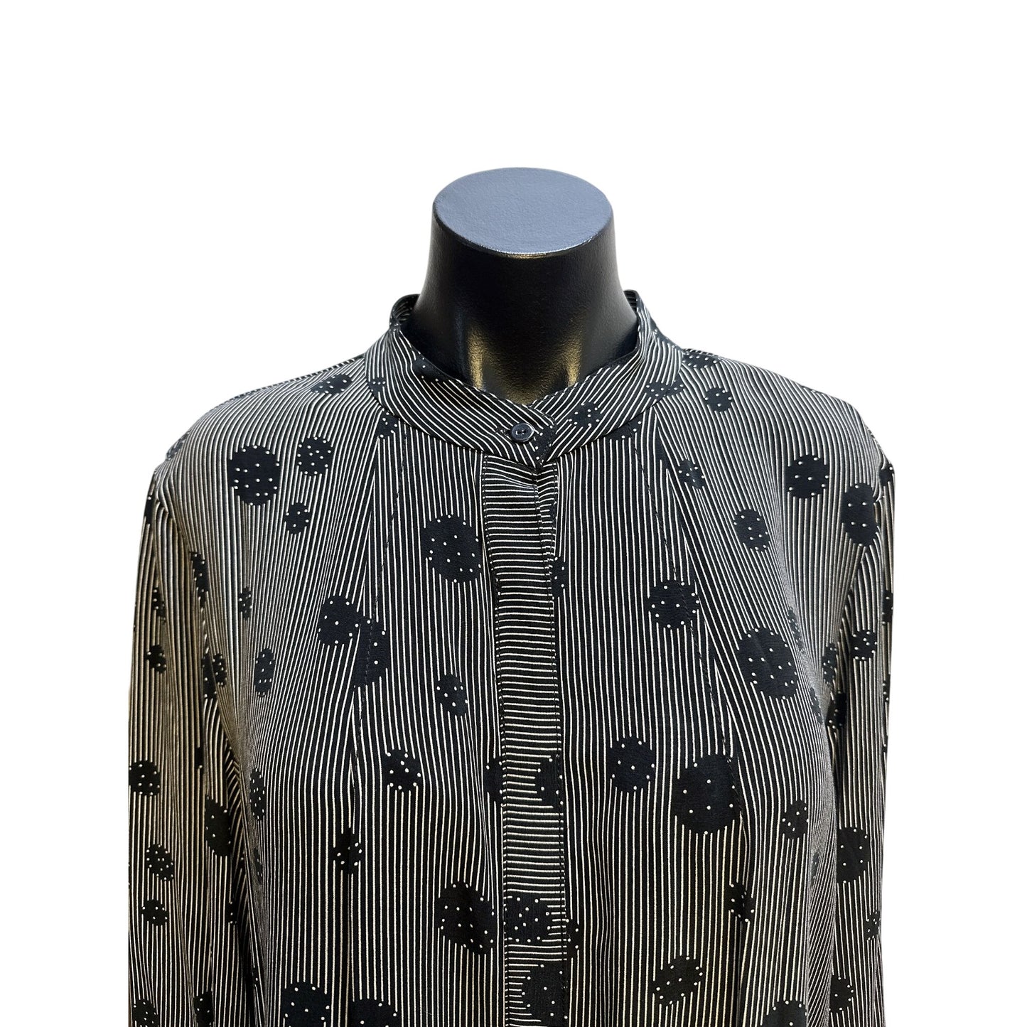 Hilton Hollis Black & White Striped Long Sleeve Blouse w/Abstract Dot Pattern & Mandarin Collar Size L