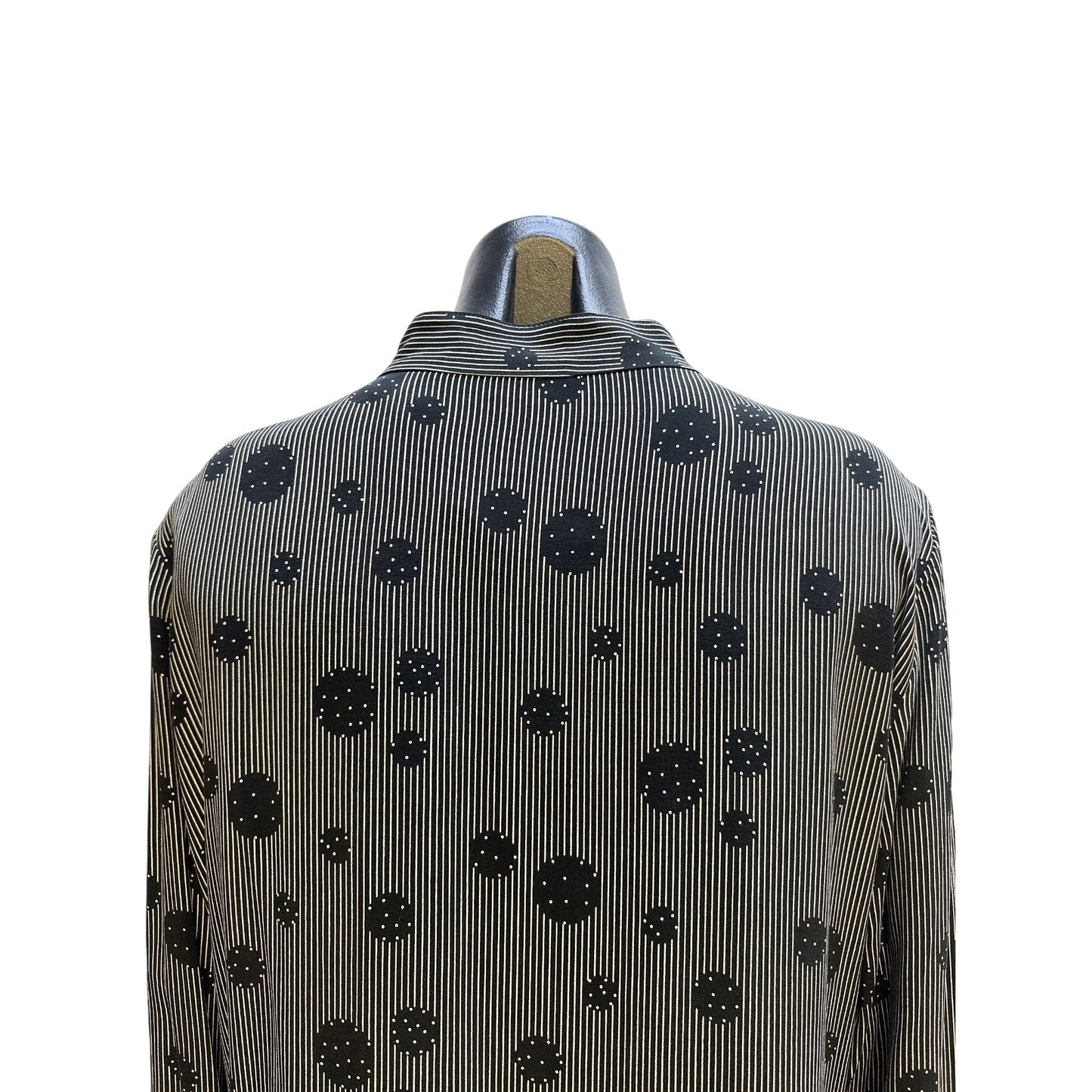 Hilton Hollis Black & White Striped Long Sleeve Blouse w/Abstract Dot Pattern & Mandarin Collar Size L