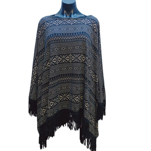 Double D Ranch Black White Fringe Poncho L/XL