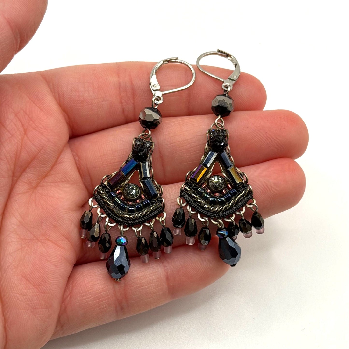 Ayla Bar Beaded Chandelier Earrings With Black & Iridescent Accents