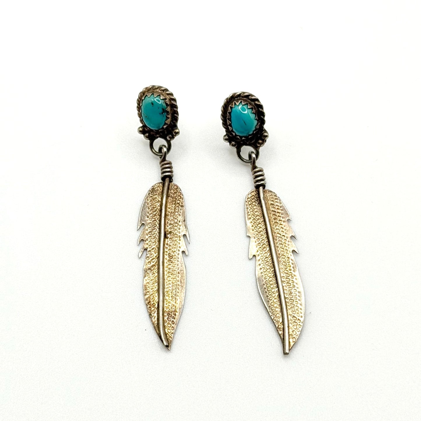 Navajo Style Sterling Silver & Turquoise Feather Dangle Earrings