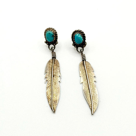 Navajo Style Sterling Silver & Turquoise Feather Dangle Earrings