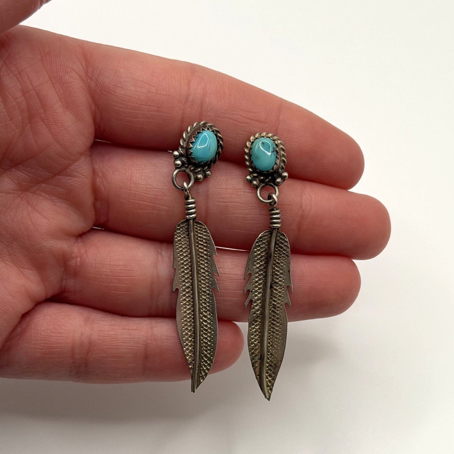 Navajo Style Sterling Silver & Turquoise Feather Dangle Earrings
