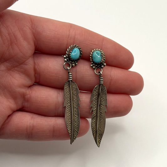 Navajo Style Sterling Silver & Turquoise Feather Dangle Earrings