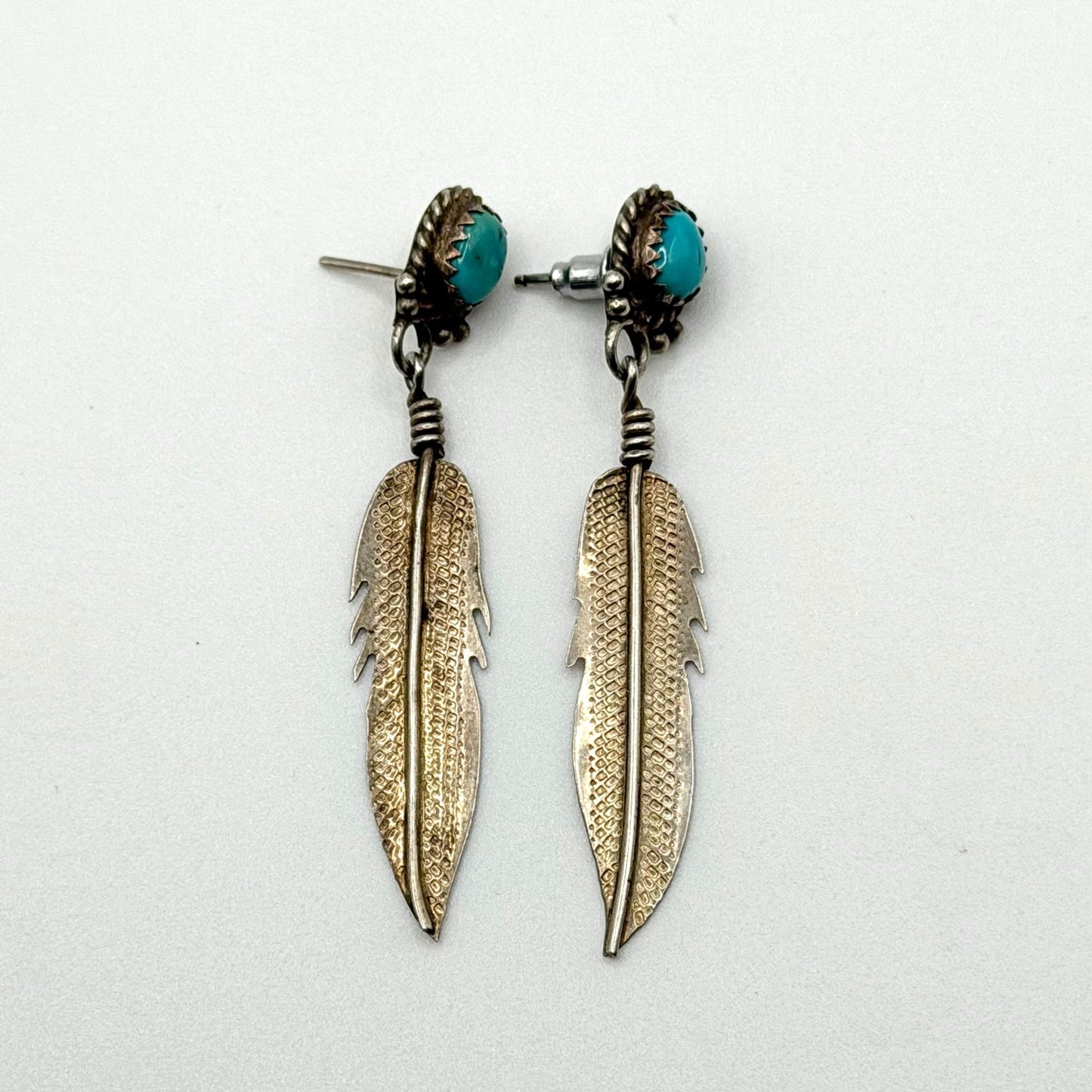 Navajo Style Sterling Silver & Turquoise Feather Dangle Earrings