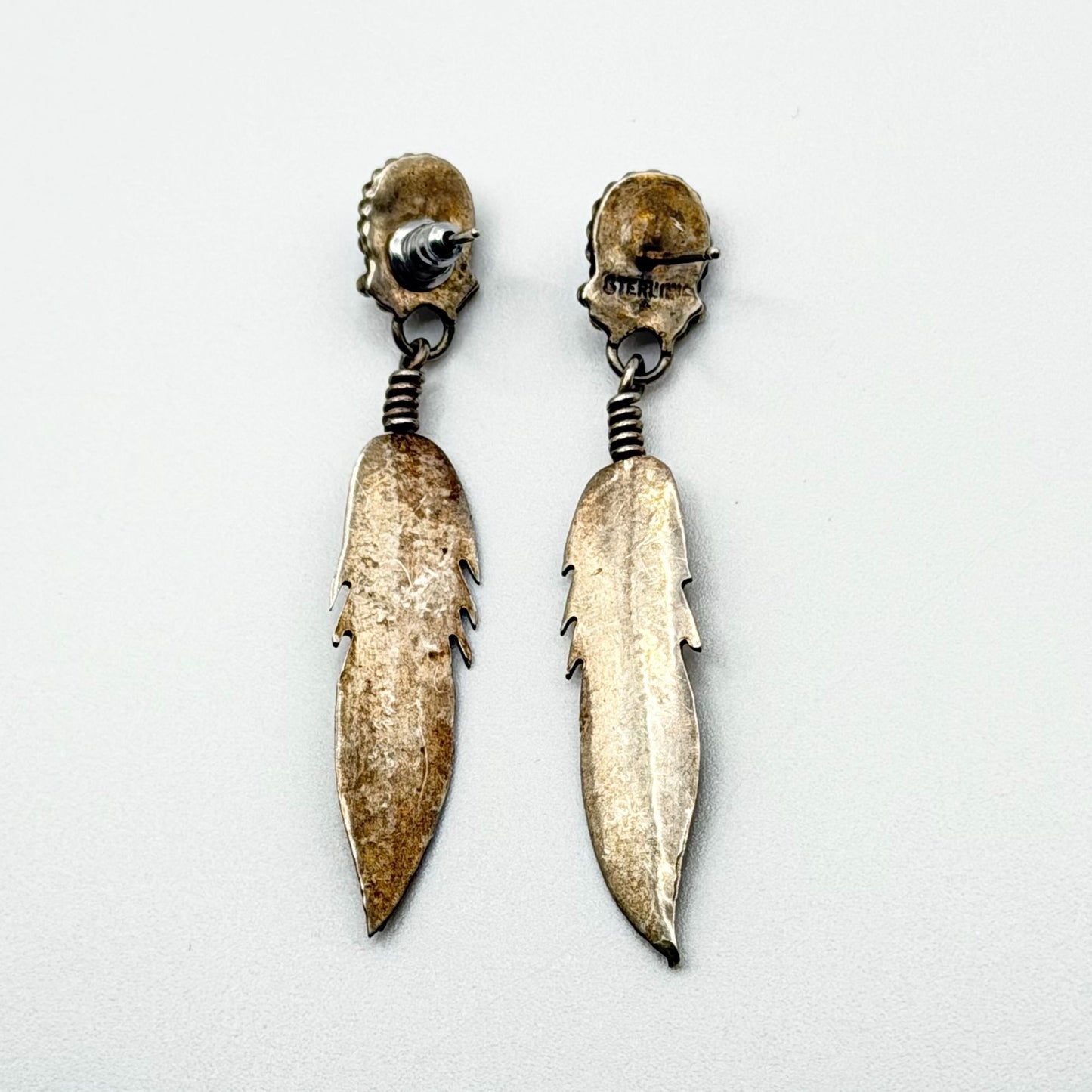 Navajo Style Sterling Silver & Turquoise Feather Dangle Earrings