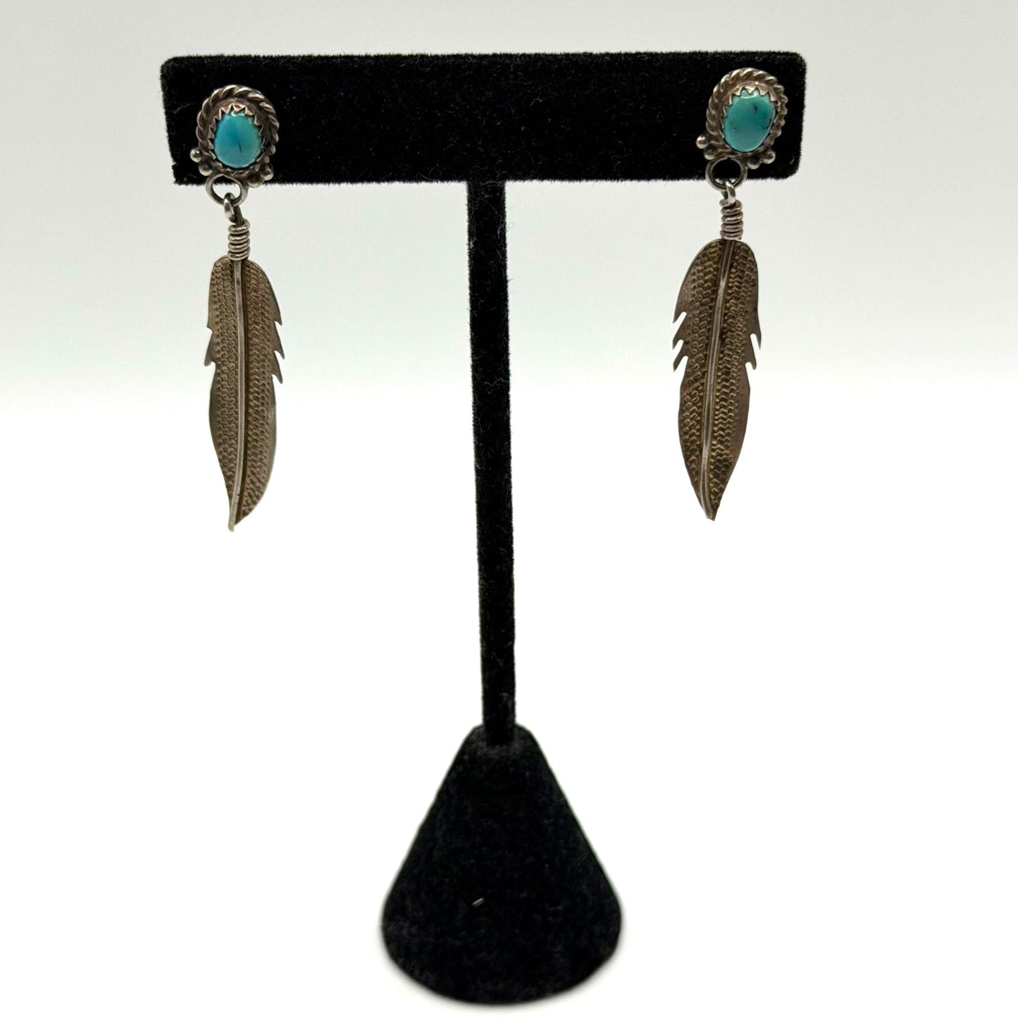Navajo Style Sterling Silver & Turquoise Feather Dangle Earrings
