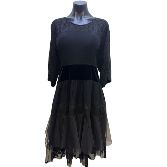 Alembika Womens Black Dress With Sheer Layered Skirt & Patterned Top S