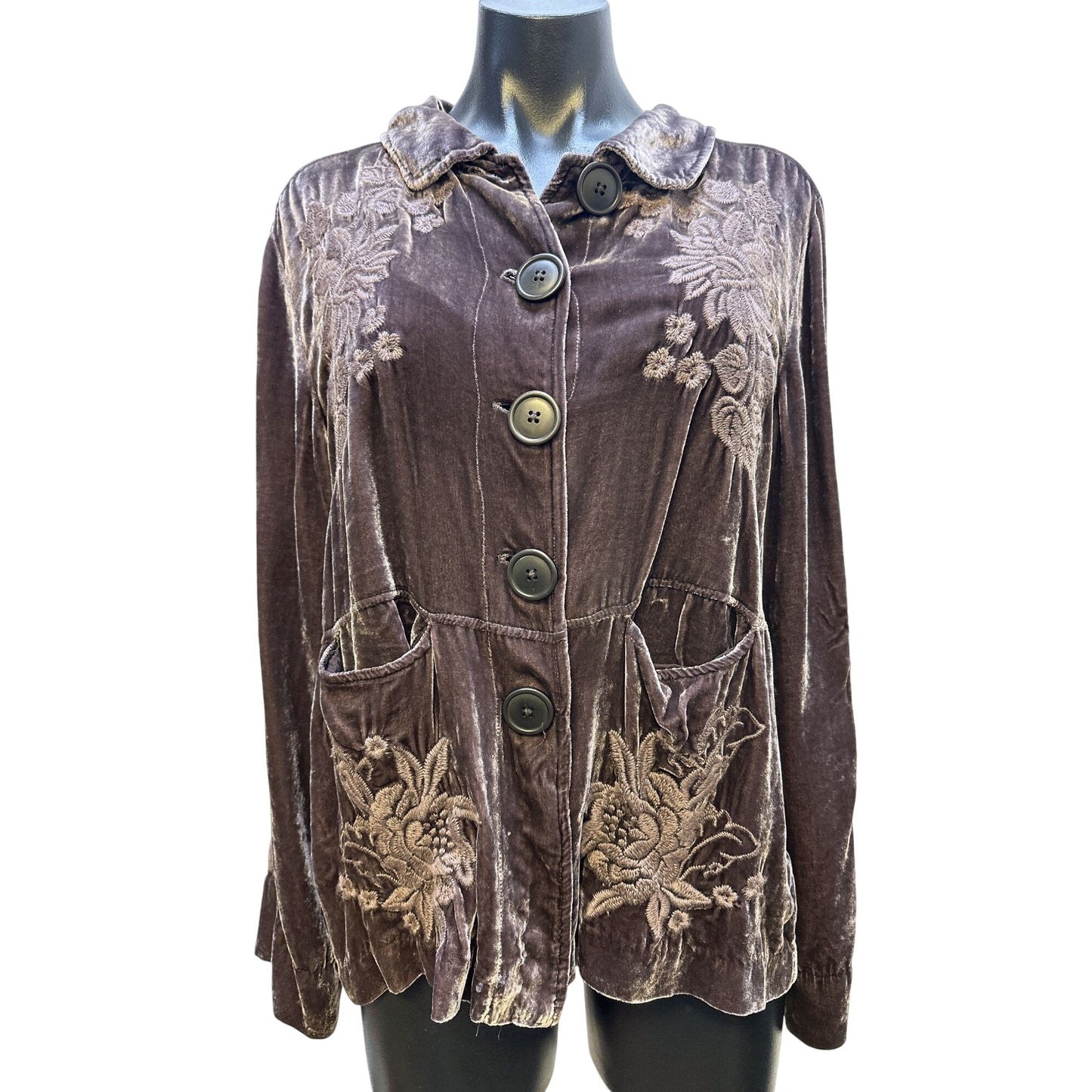 Johnny Was Bohemian Style Velvet Embroidered Jacket w/Floral & Chevron Patterns Size M