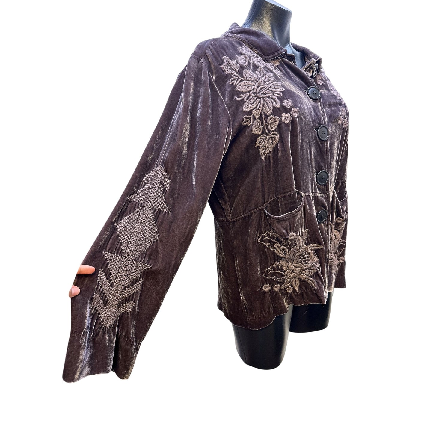 Johnny Was Bohemian Style Velvet Embroidered Jacket w/Floral & Chevron Patterns Size M