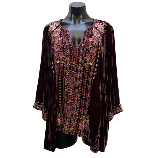 Johnny Was Velvet Embroidered Blouse Wine Multi XL