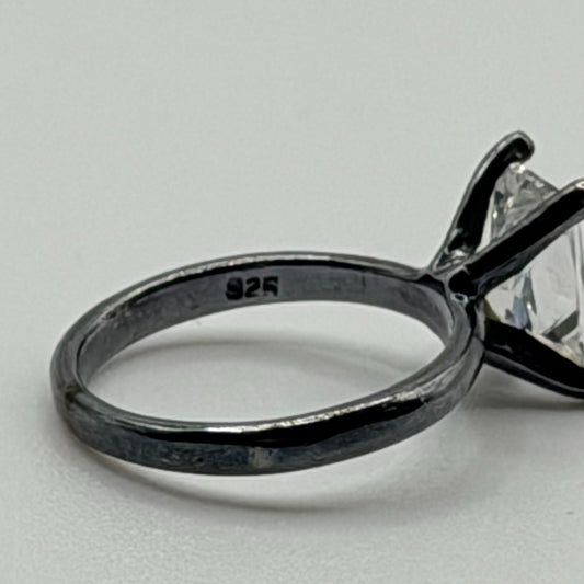 925 Sterling Silver Princess Cut Glass Solitaire Ring Size 4
