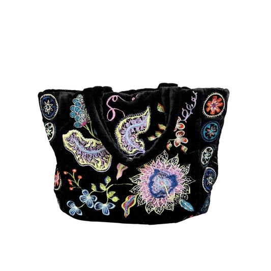Johnny Was Embroidered Velvet Purse Black Multi Floral Pattern With Adjustable Strap
