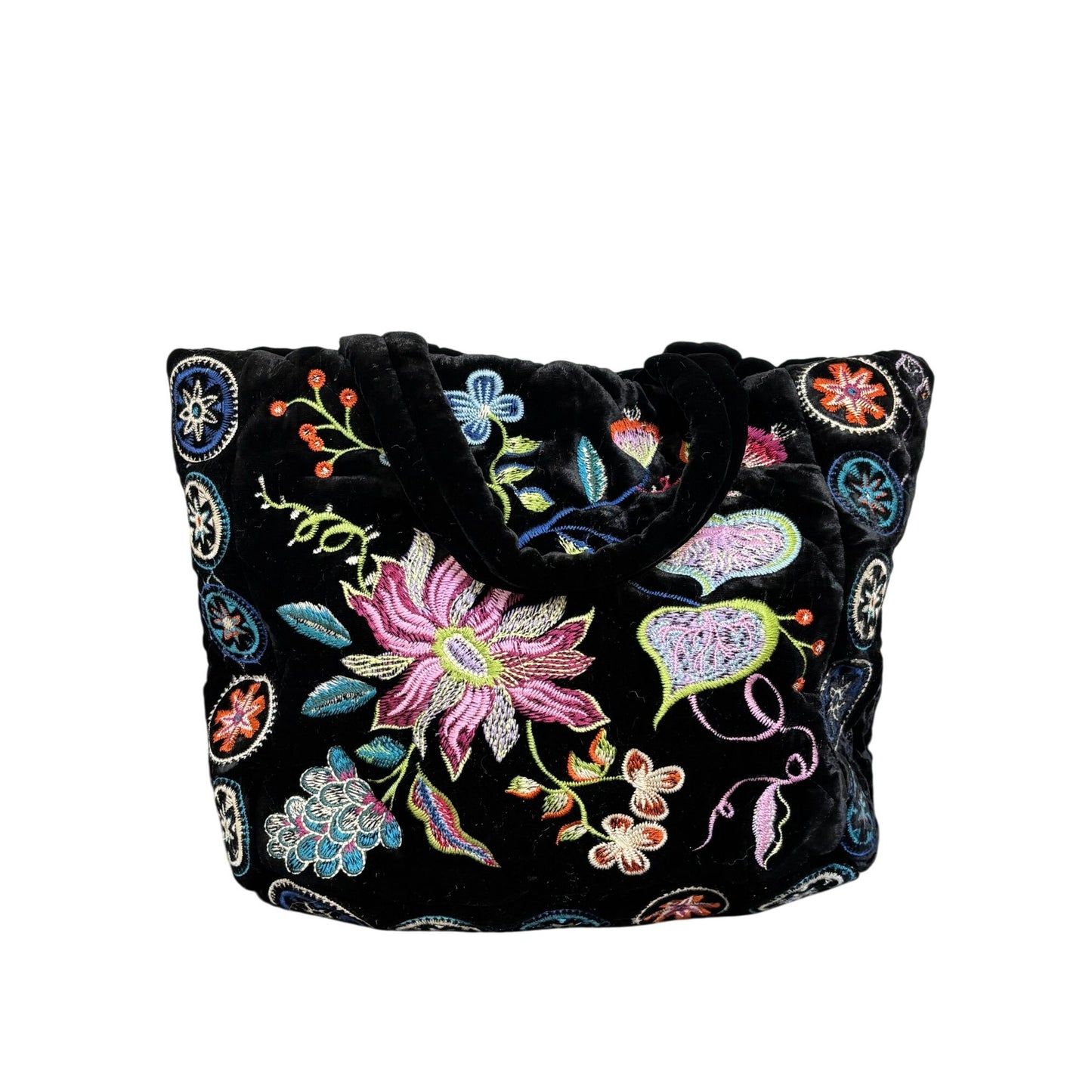 Johnny Was Embroidered Velvet Purse Black Multi Floral Pattern With Adjustable Strap