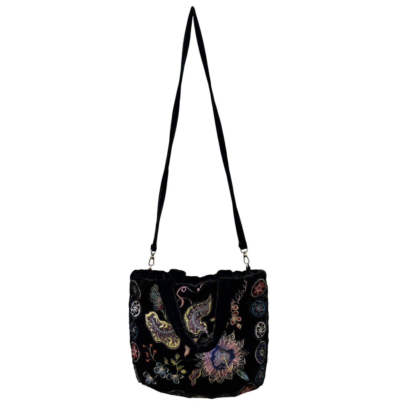 Johnny Was Embroidered Velvet Purse Black Multi Floral Pattern With Adjustable Strap