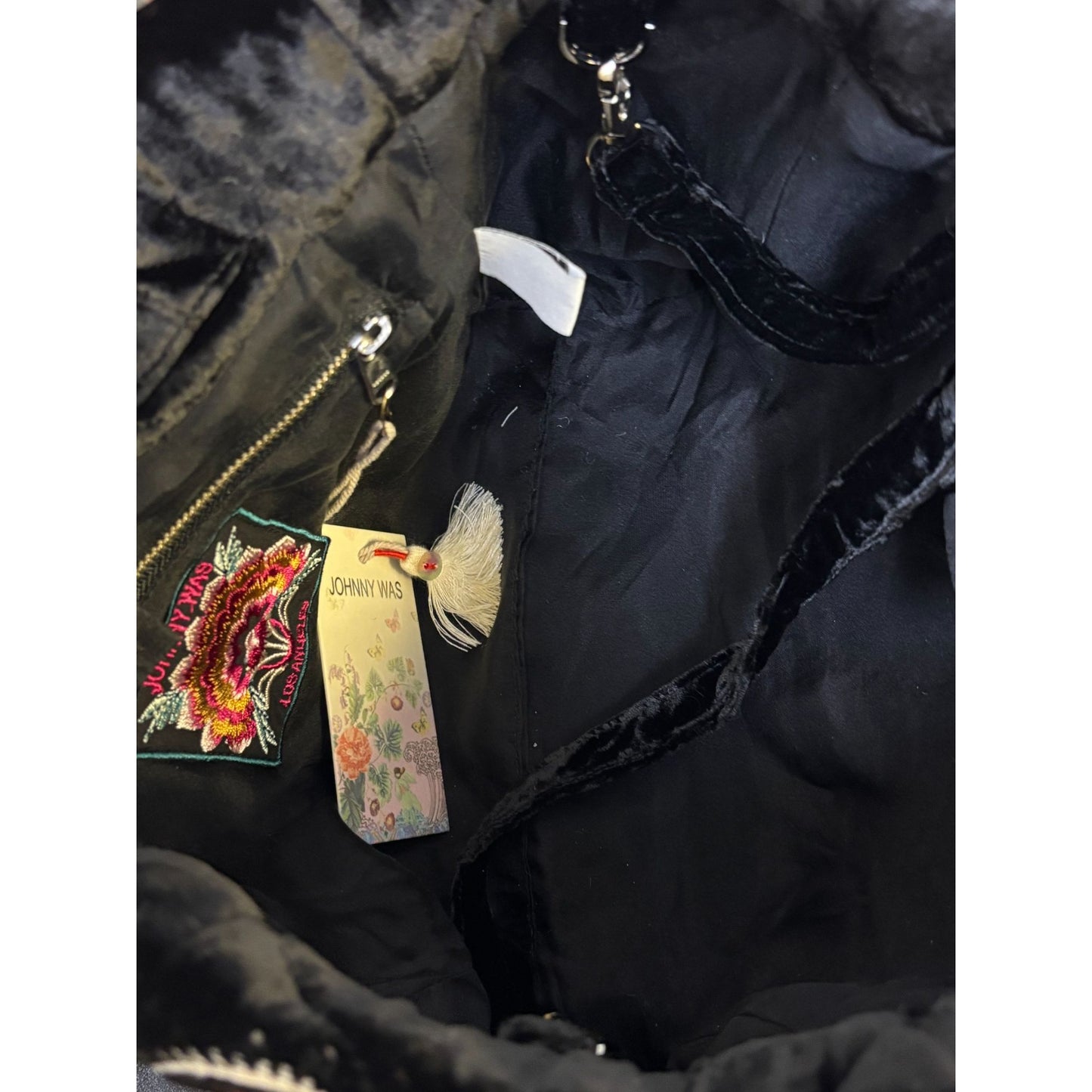 Johnny Was Embroidered Velvet Purse Black Multi Floral Pattern With Adjustable Strap