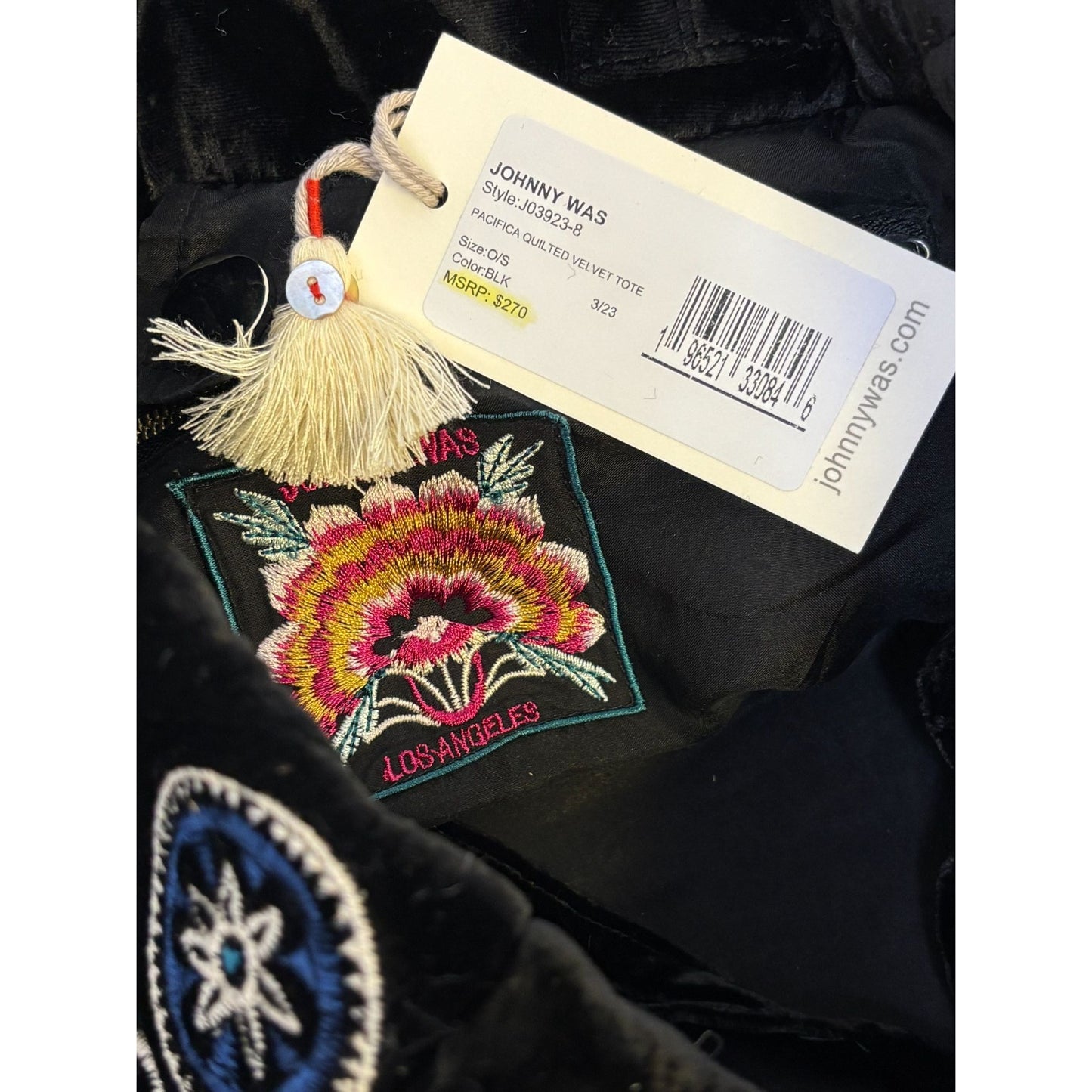 Johnny Was Embroidered Velvet Purse Black Multi Floral Pattern With Adjustable Strap