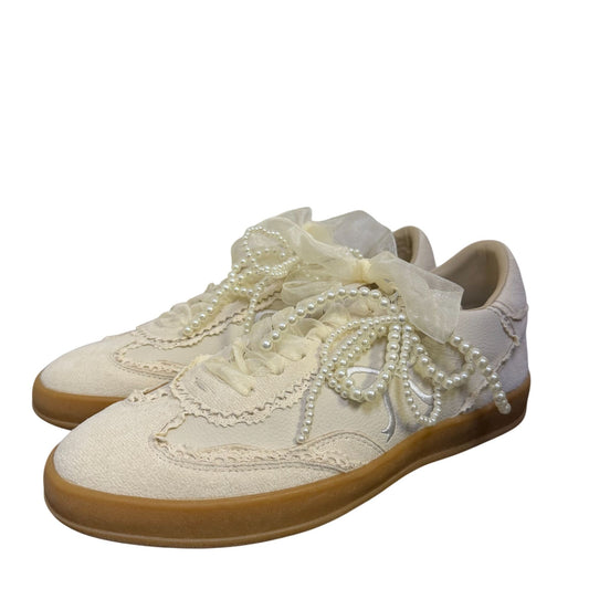 Elegant Bone White Pearl Embellished Low-Top Sneakers 7.5