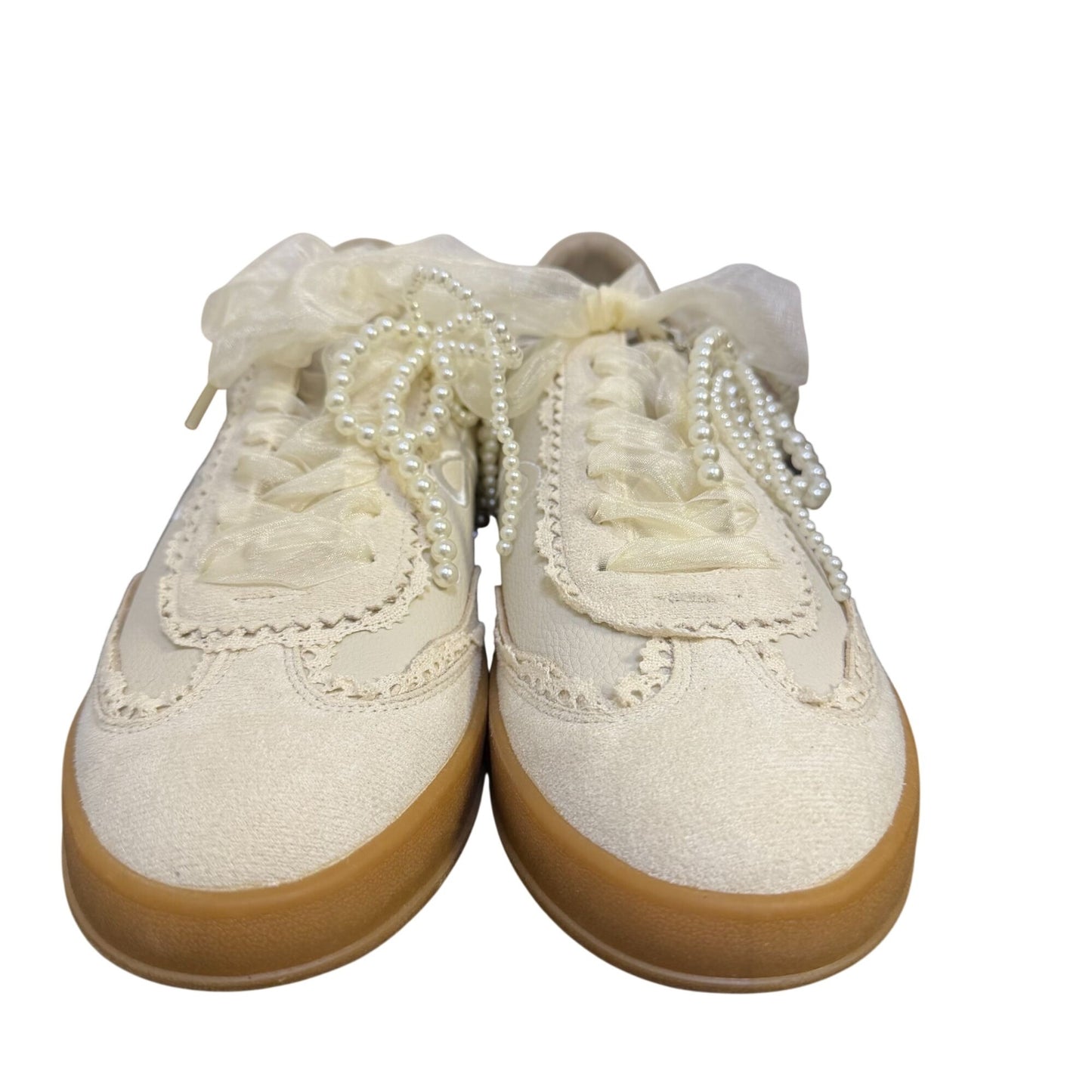 Elegant Bone White Pearl Embellished Low-Top Sneakers 7.5