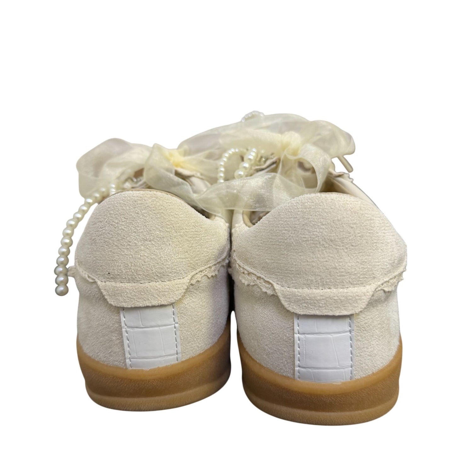 Elegant Bone White Pearl Embellished Low-Top Sneakers 7.5