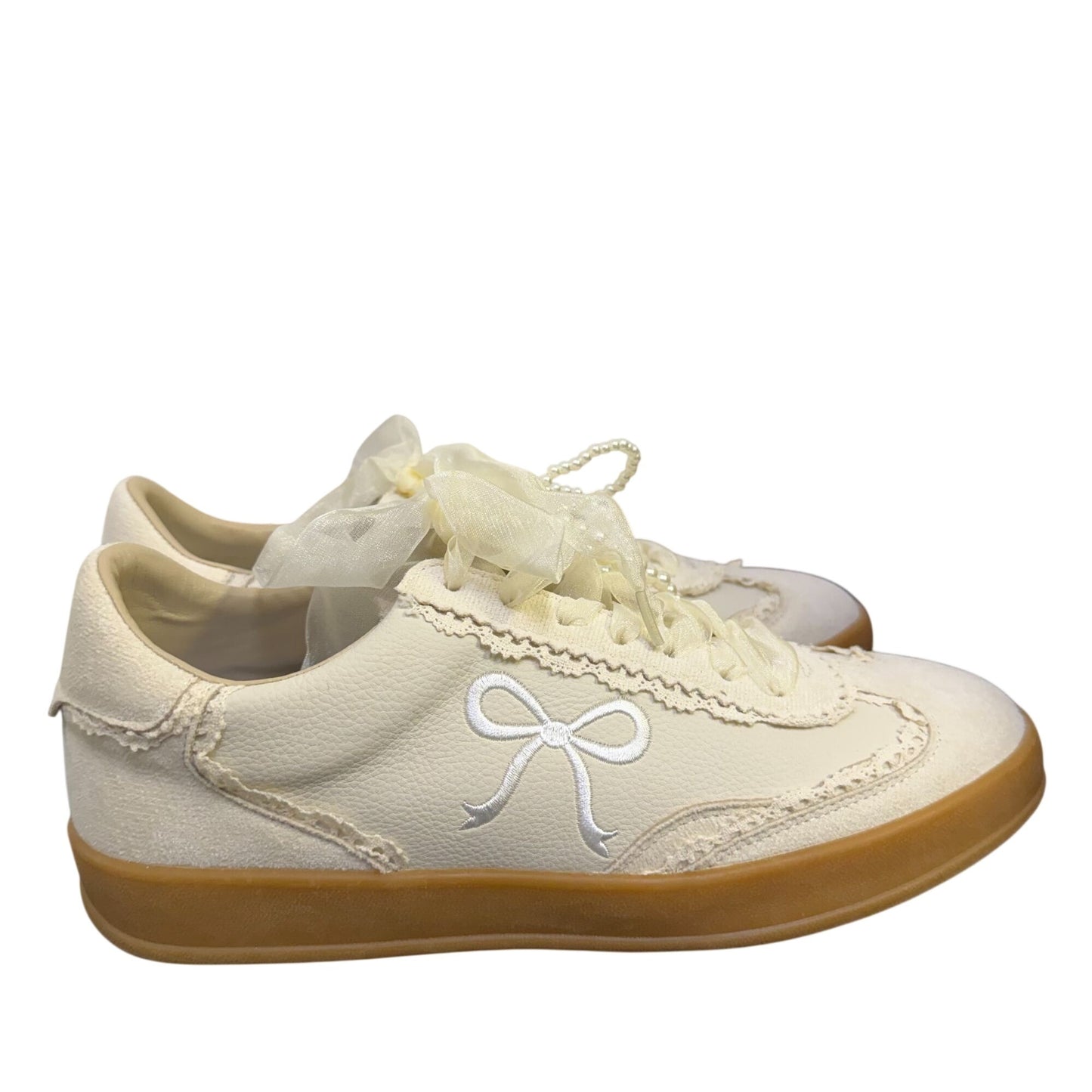Elegant Bone White Pearl Embellished Low-Top Sneakers 7.5