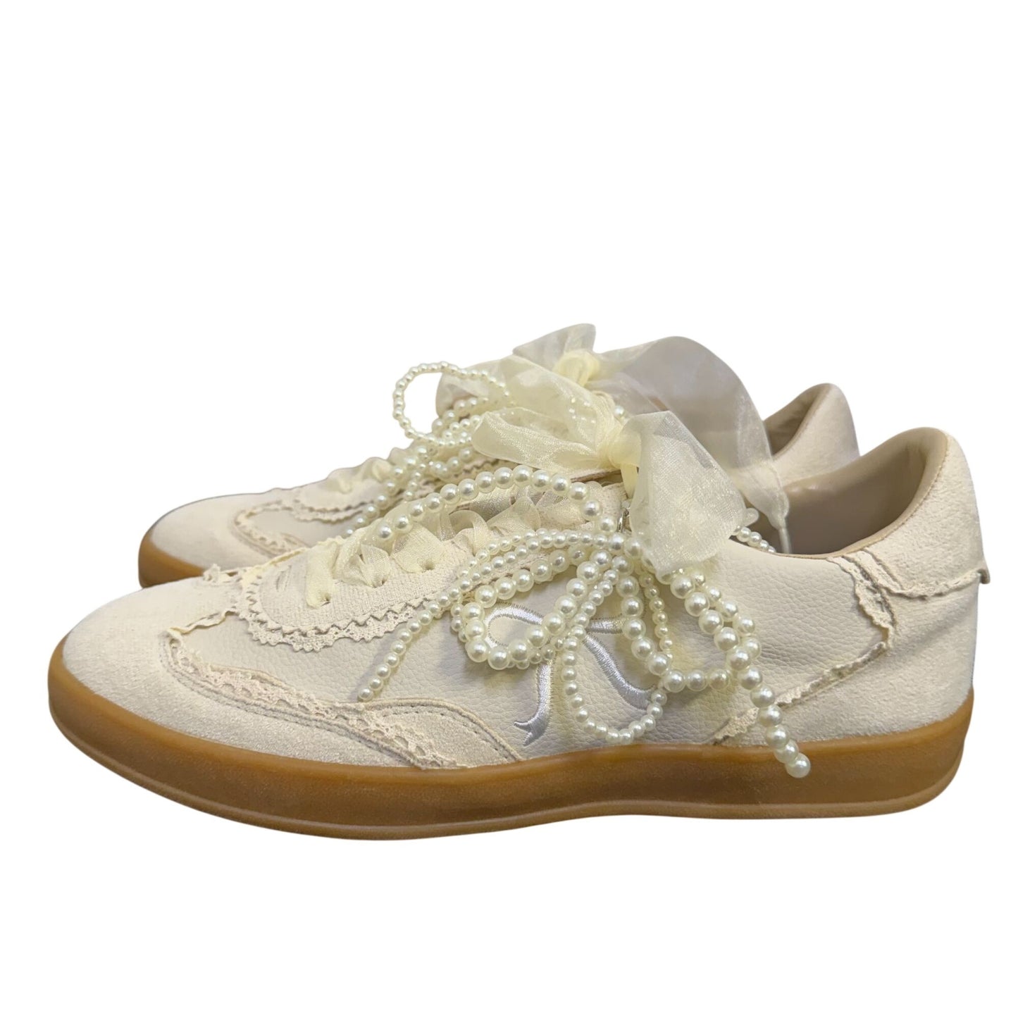 Elegant Bone White Pearl Embellished Low-Top Sneakers 7.5