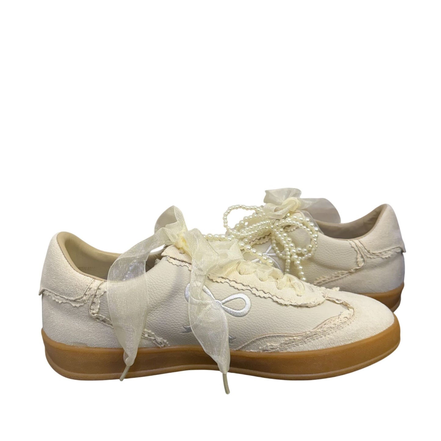 Elegant Bone White Pearl Embellished Low-Top Sneakers 7.5