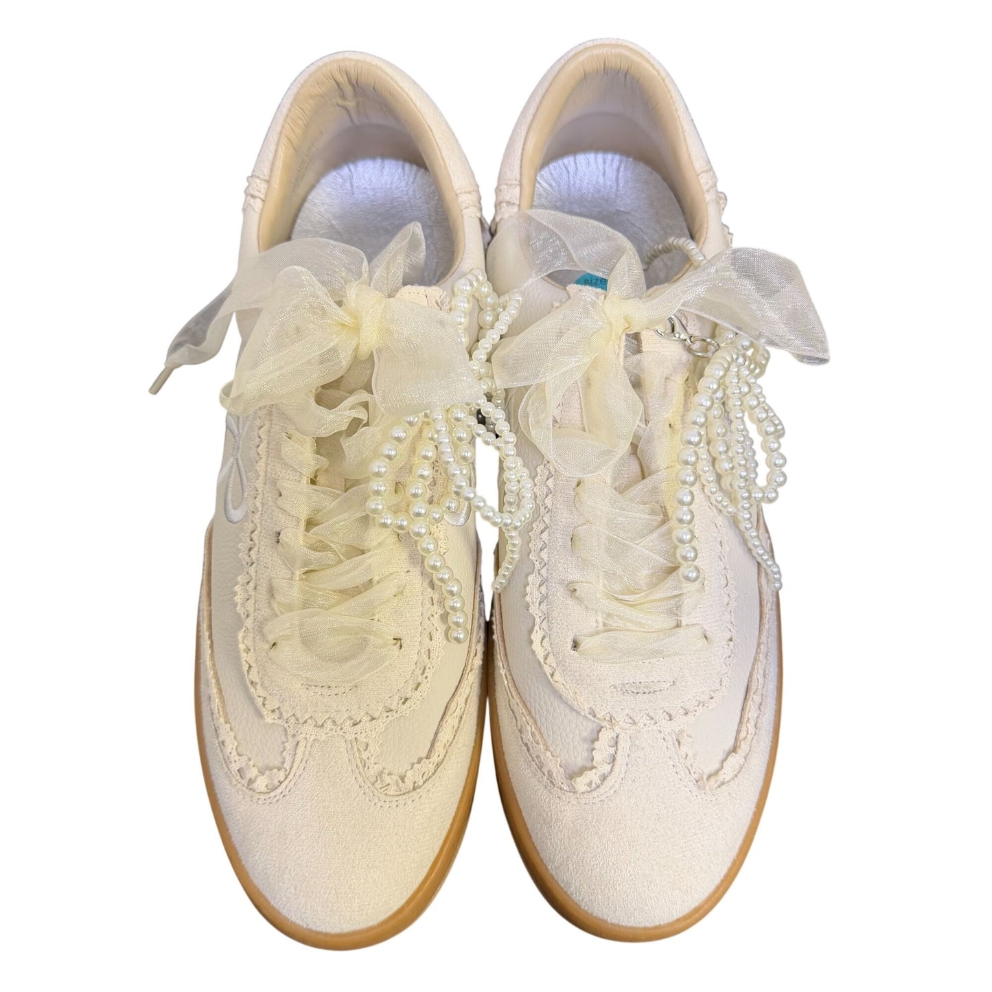 Elegant Bone White Pearl Embellished Low-Top Sneakers 7.5