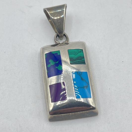 Sterling Silver Rectangular Pendant With Multi-Stone Inlay