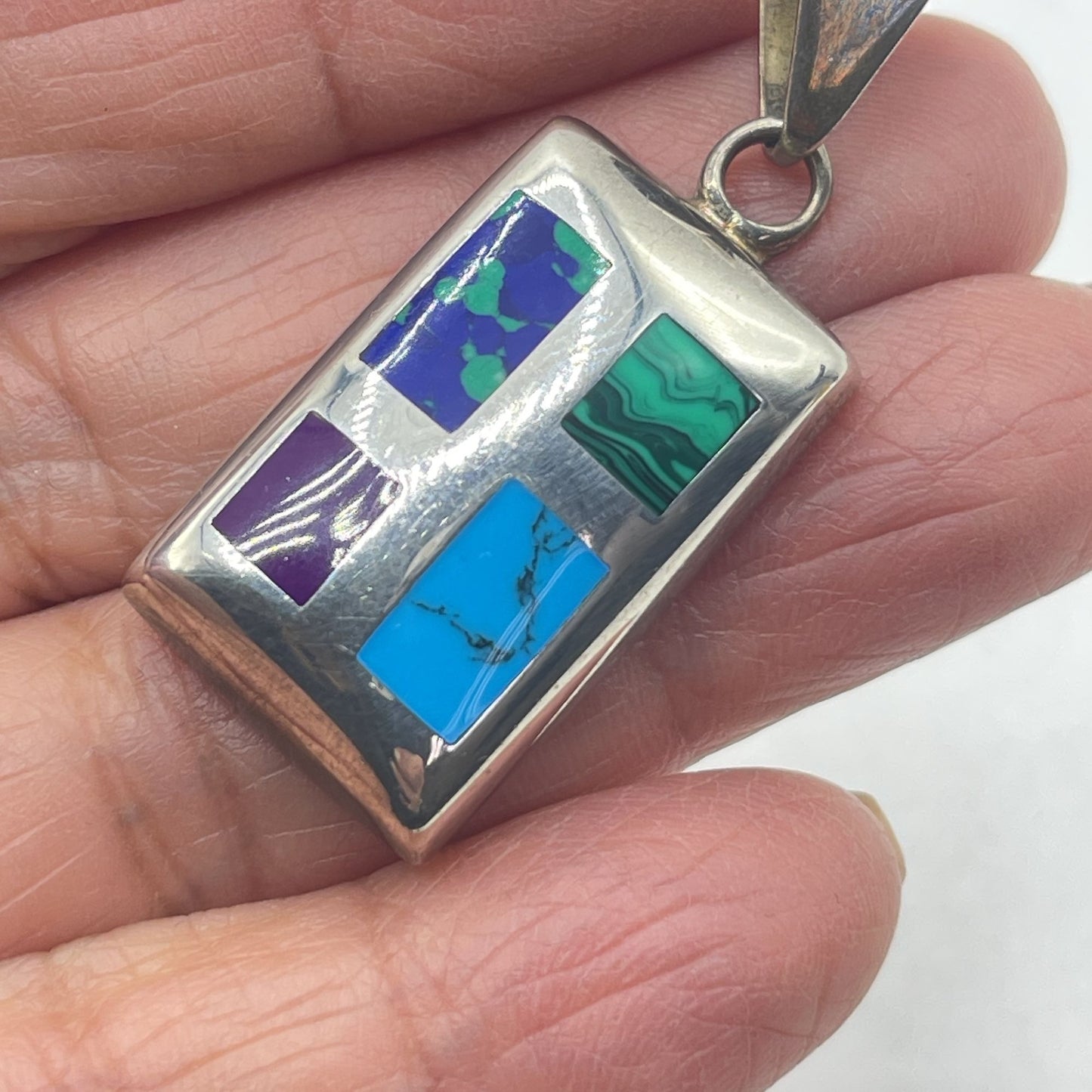 Sterling Silver Rectangular Pendant With Multi-Stone Inlay