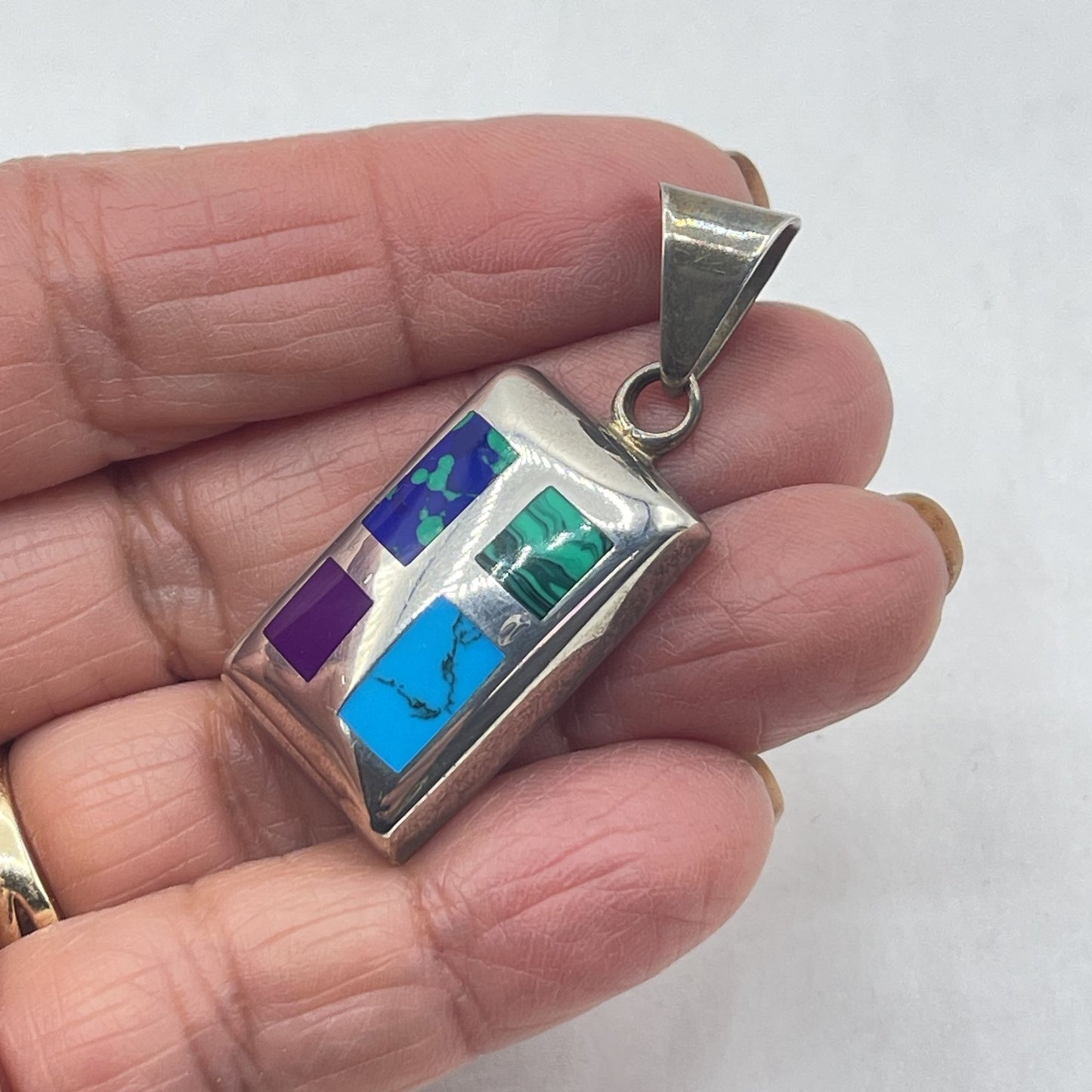 Sterling Silver Rectangular Pendant With Multi-Stone Inlay