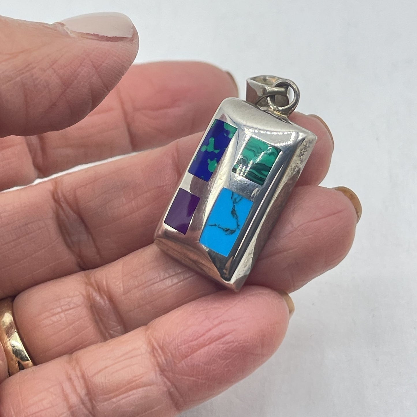 Sterling Silver Rectangular Pendant With Multi-Stone Inlay