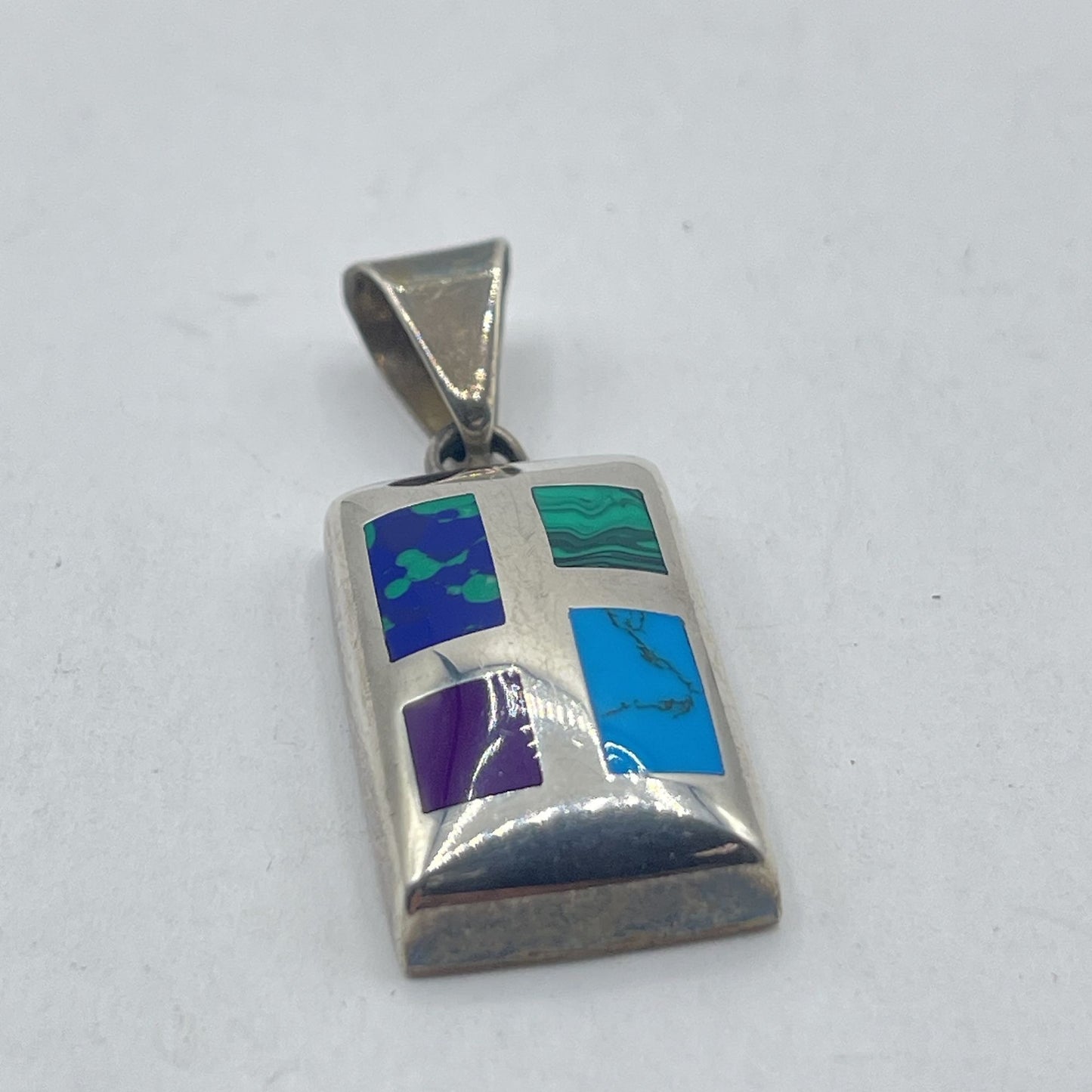 Sterling Silver Rectangular Pendant With Multi-Stone Inlay